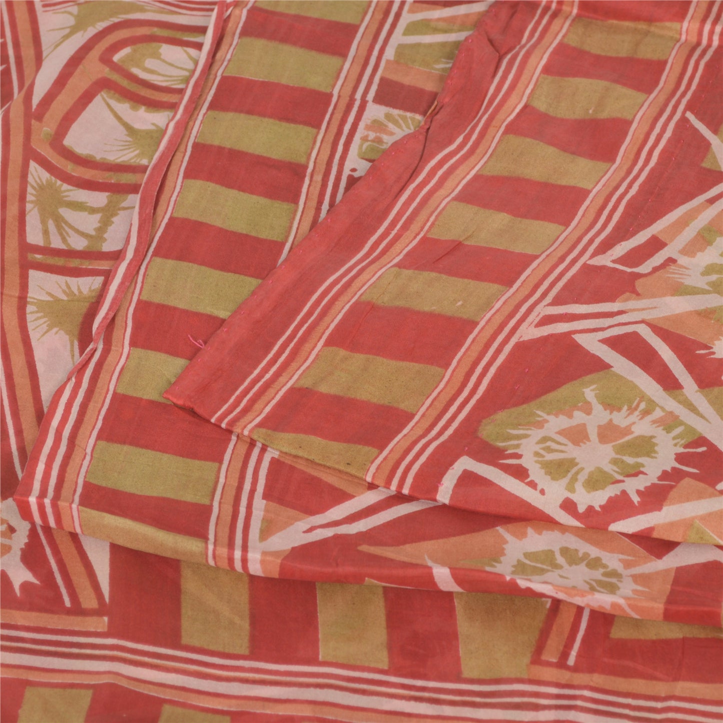 Sanskriti Vintage Sarees Red/Green 100% Pure Silk Printed Sari 5yd Craft Sustainable Fabric