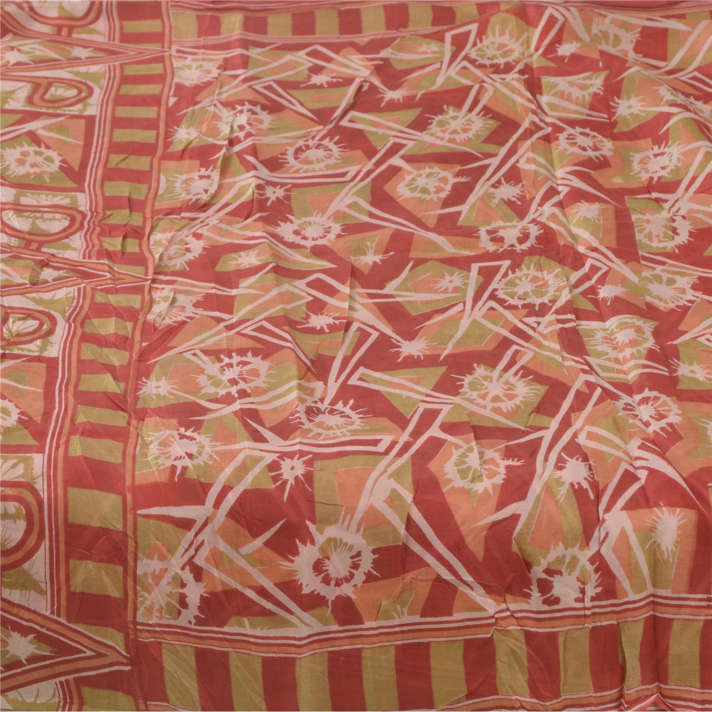 Sanskriti Vintage Sarees Red/Green 100% Pure Silk Printed Sari 5yd Craft Sustainable Fabric