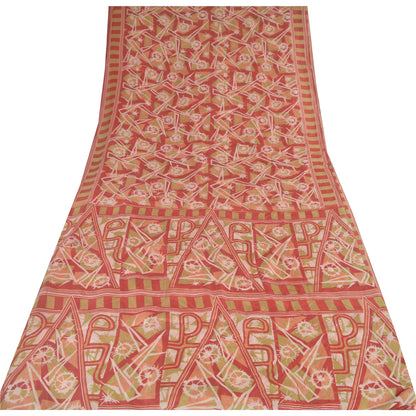 Sanskriti Vintage Sarees Red/Green 100% Pure Silk Printed Sari 5yd Craft Sustainable Fabric