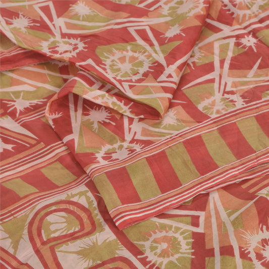 Sanskriti Vintage Sarees Red/Green 100% Pure Silk Printed Sari 5yd Craft Sustainable Fabric