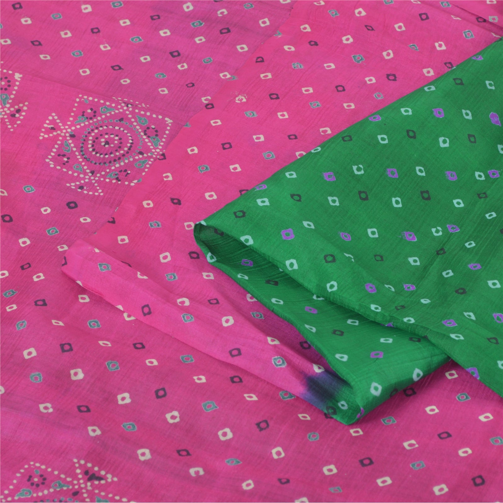 Sanskriti Vintage Saree 100% Pure Silk Green & Pink Bandhani Geometric Printed Saree 5Yd Fabric Recycled For Quilting Felting, Home Decor