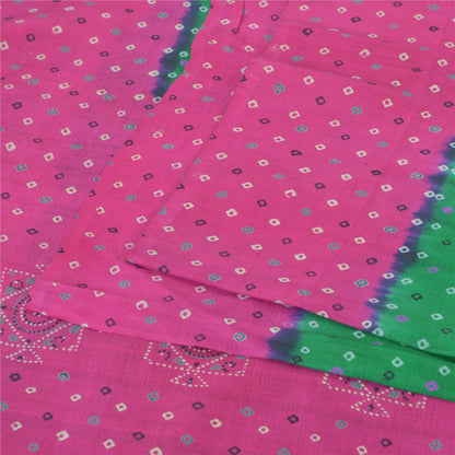 Sanskriti Vintage Sarees Green/Pink Pure Silk Bandhani Printed Sari 5yd Sustainable Fabric