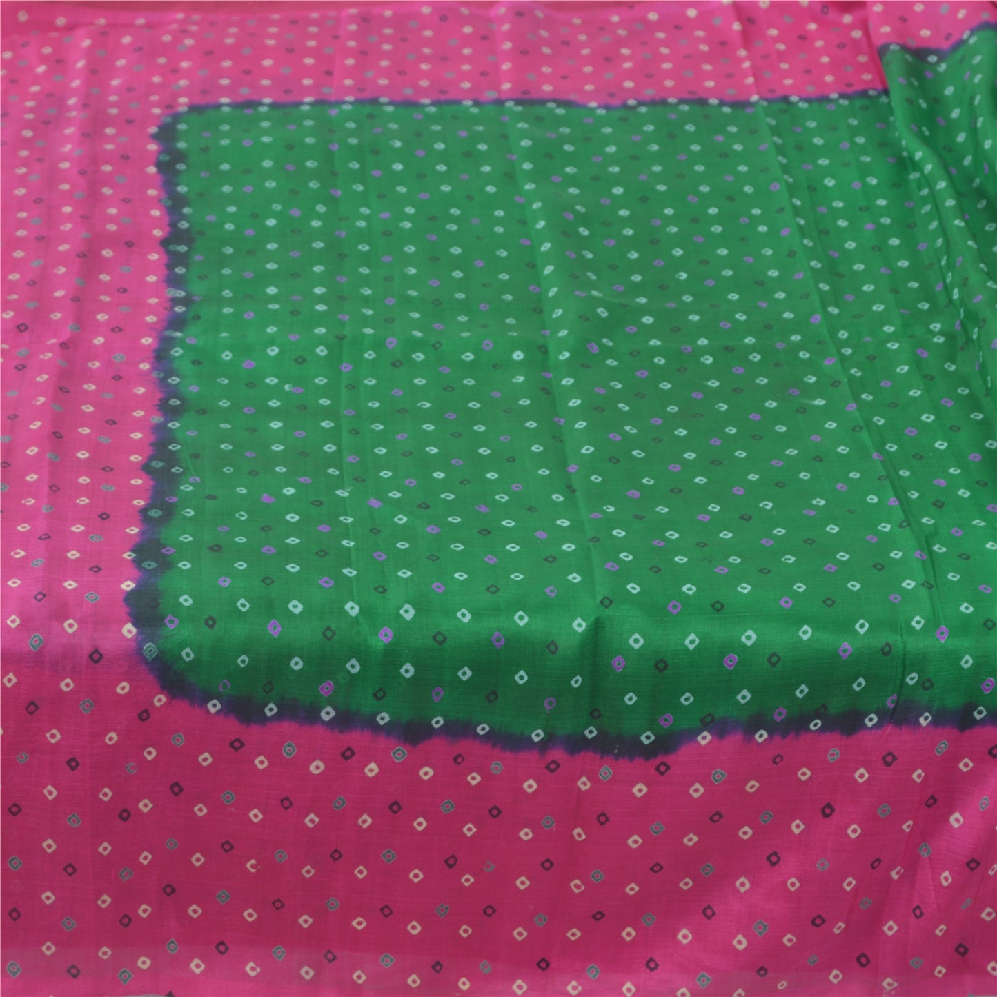 Sanskriti Vintage Sarees Green/Pink Pure Silk Bandhani Printed Sari 5yd Sustainable Fabric