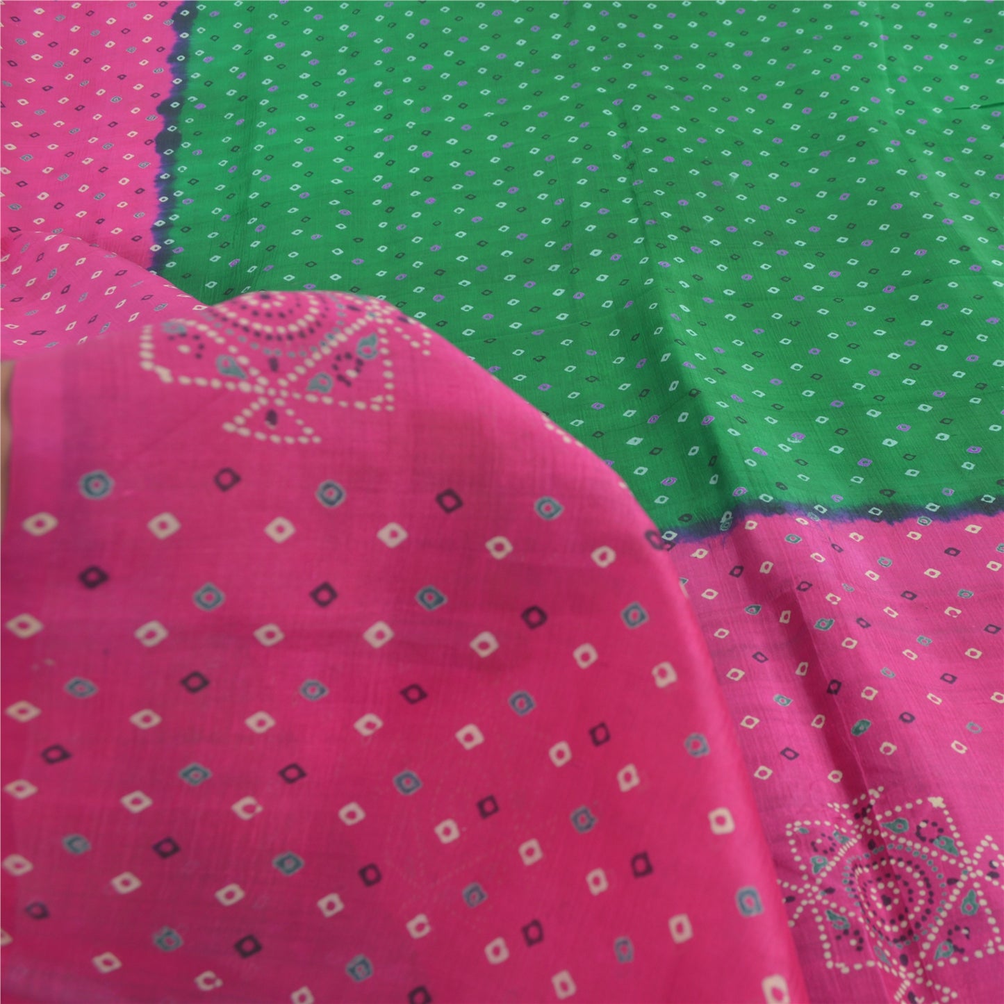 Sanskriti Vintage Sarees Green/Pink Pure Silk Bandhani Printed Sari 5yd Sustainable Fabric