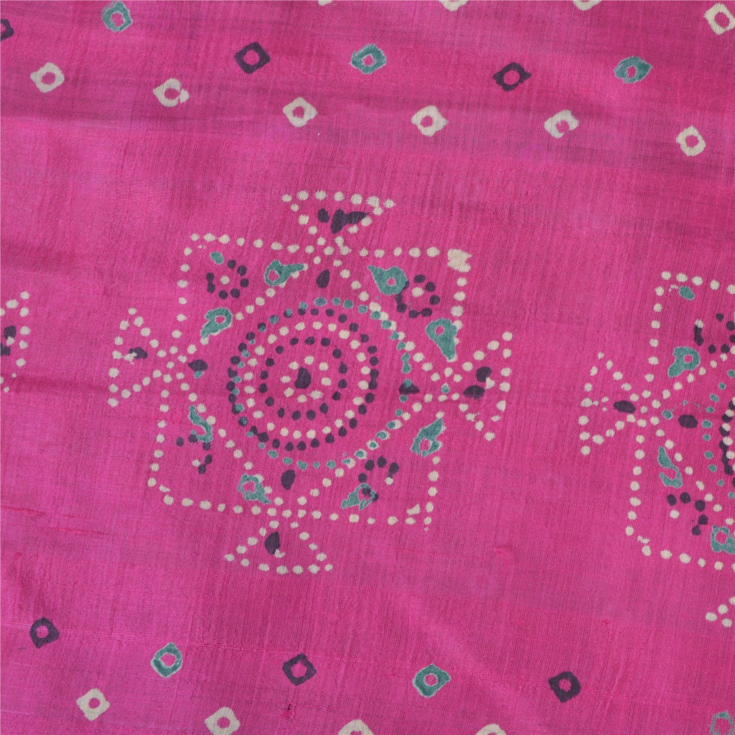 Sanskriti Vintage Sarees Green/Pink Pure Silk Bandhani Printed Sari 5yd Sustainable Fabric