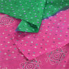 Sanskriti Vintage Sarees Green/Pink Pure Silk Bandhani Printed Sari 5yd Sustainable Fabric