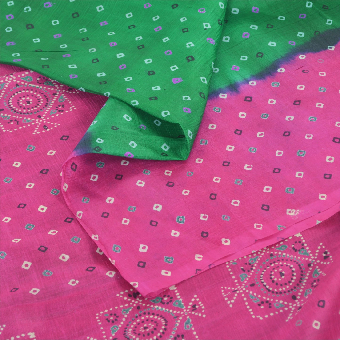 Sanskriti Vintage Sarees Green/Pink Pure Silk Bandhani Printed Sari 5yd Sustainable Fabric
