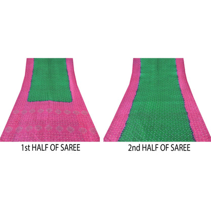 Sanskriti Vintage Sarees Green/Pink Pure Silk Bandhani Printed Sari 5yd Sustainable Fabric