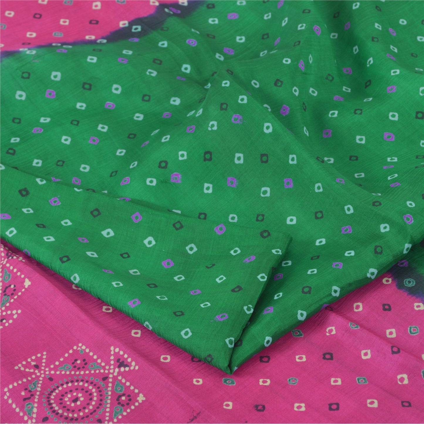 Sanskriti Vintage Sarees Green/Pink Pure Silk Bandhani Printed Sari 5yd Sustainable Fabric