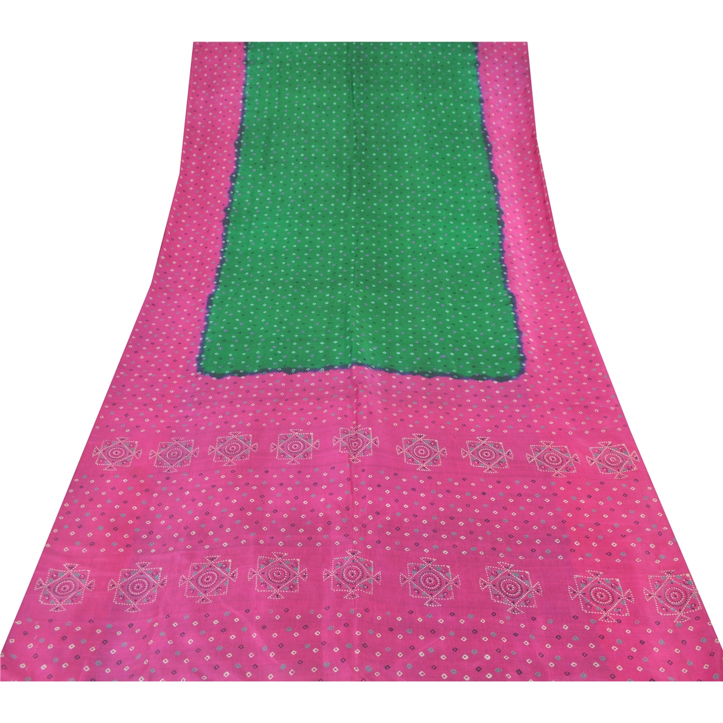 Sanskriti Vintage Sarees Green/Pink Pure Silk Bandhani Printed Sari 5yd Sustainable Fabric