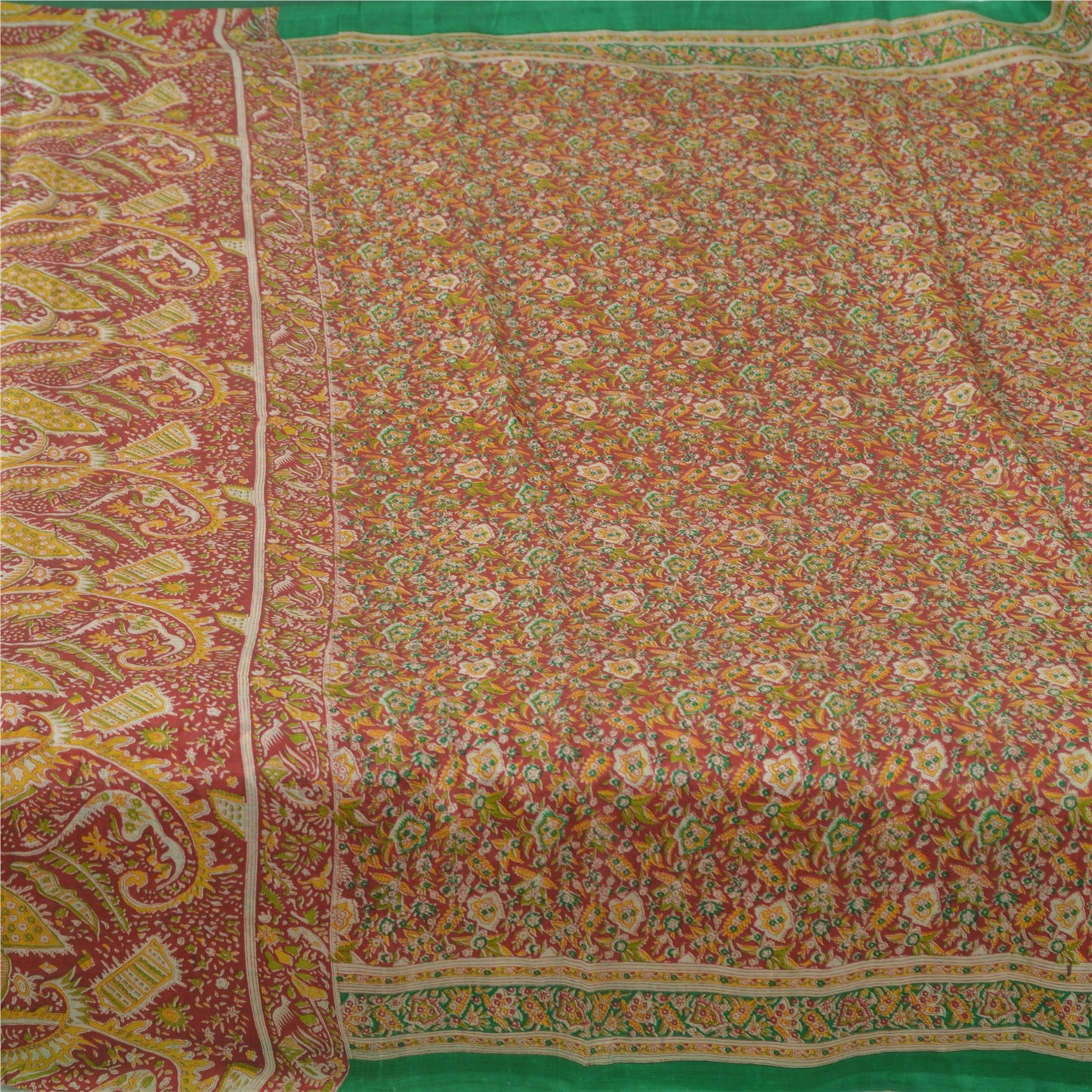 Sanskriti Vintage Sarees From India Red Pure Silk Printed Sari 5yd Craft Sustainable Fabric