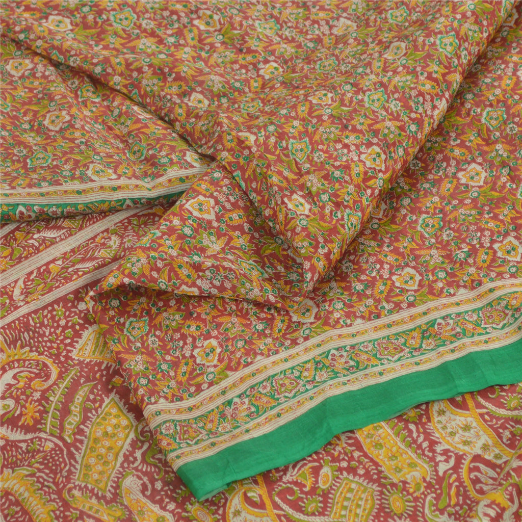 Sanskriti Vintage Sarees From India Red Pure Silk Printed Sari 5yd Craft Sustainable Fabric