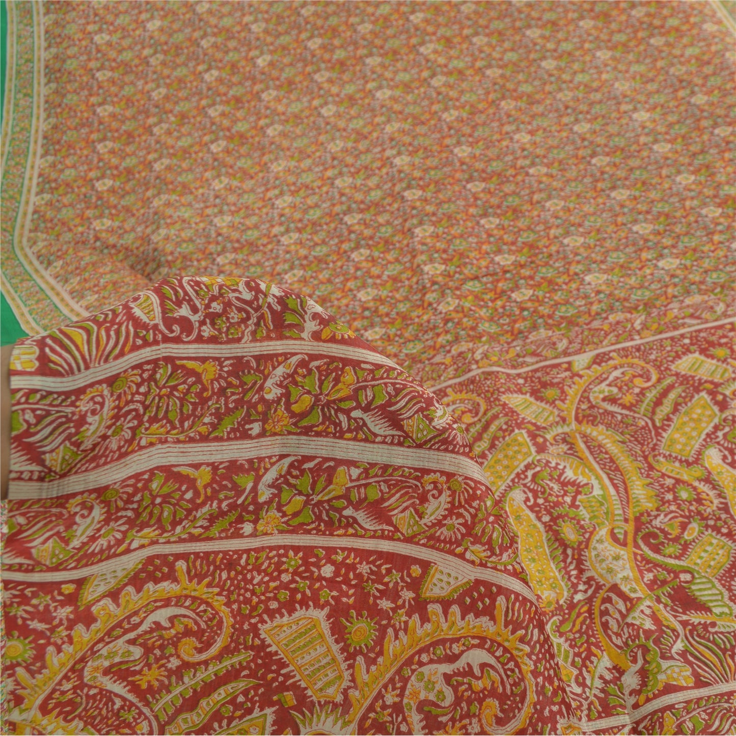 Sanskriti Vintage Sarees From India Red Pure Silk Printed Sari 5yd Craft Sustainable Fabric