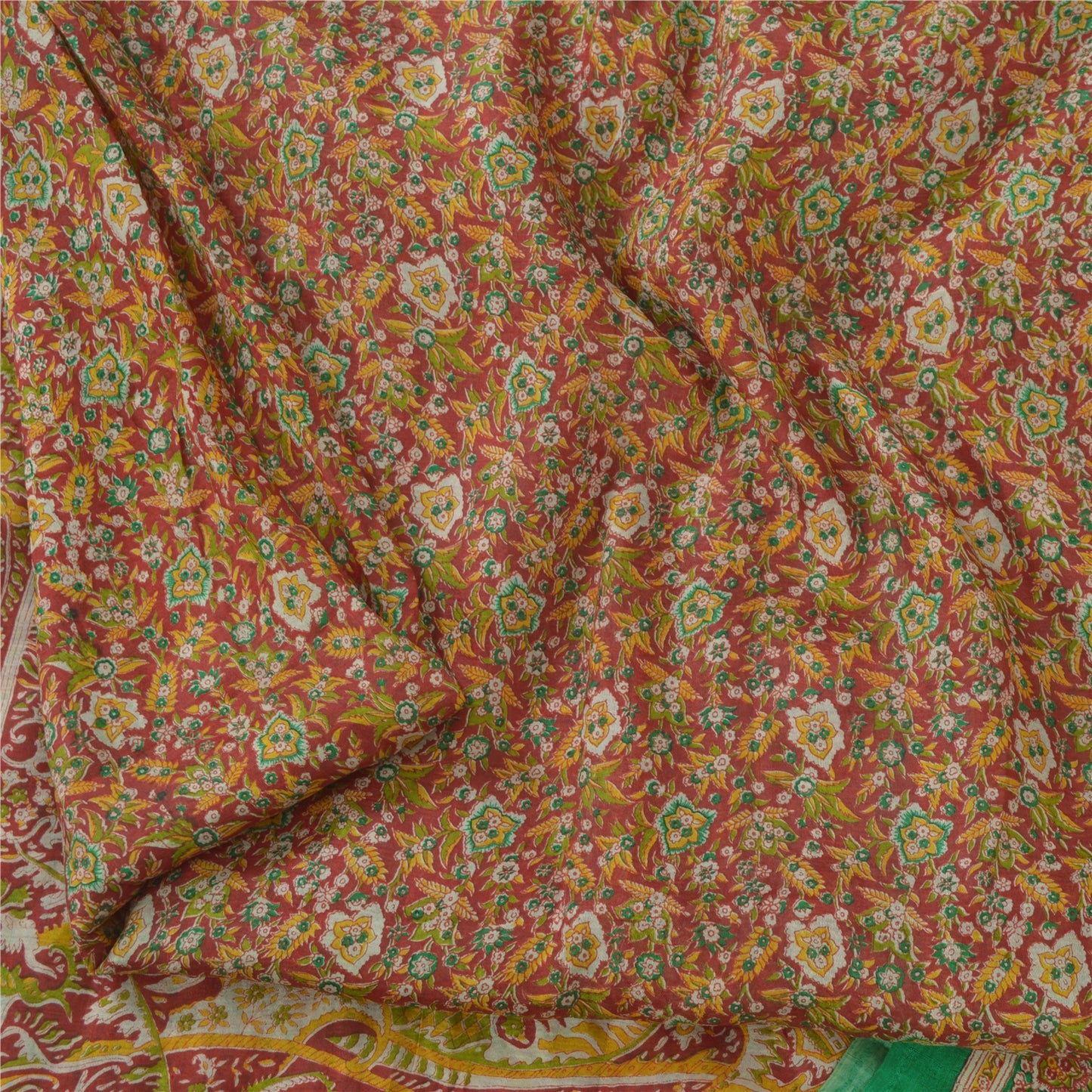 Sanskriti Vintage Sarees From India Red Pure Silk Printed Sari 5yd Craft Sustainable Fabric