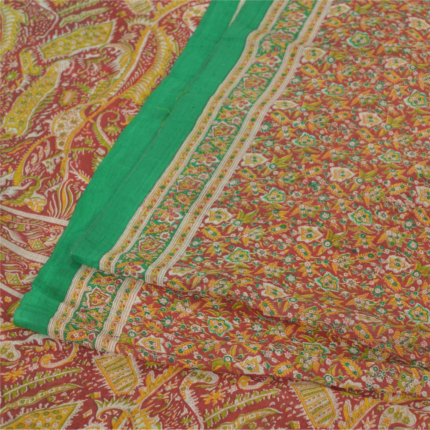 Sanskriti Vintage Sarees From India Red Pure Silk Printed Sari 5yd Craft Sustainable Fabric