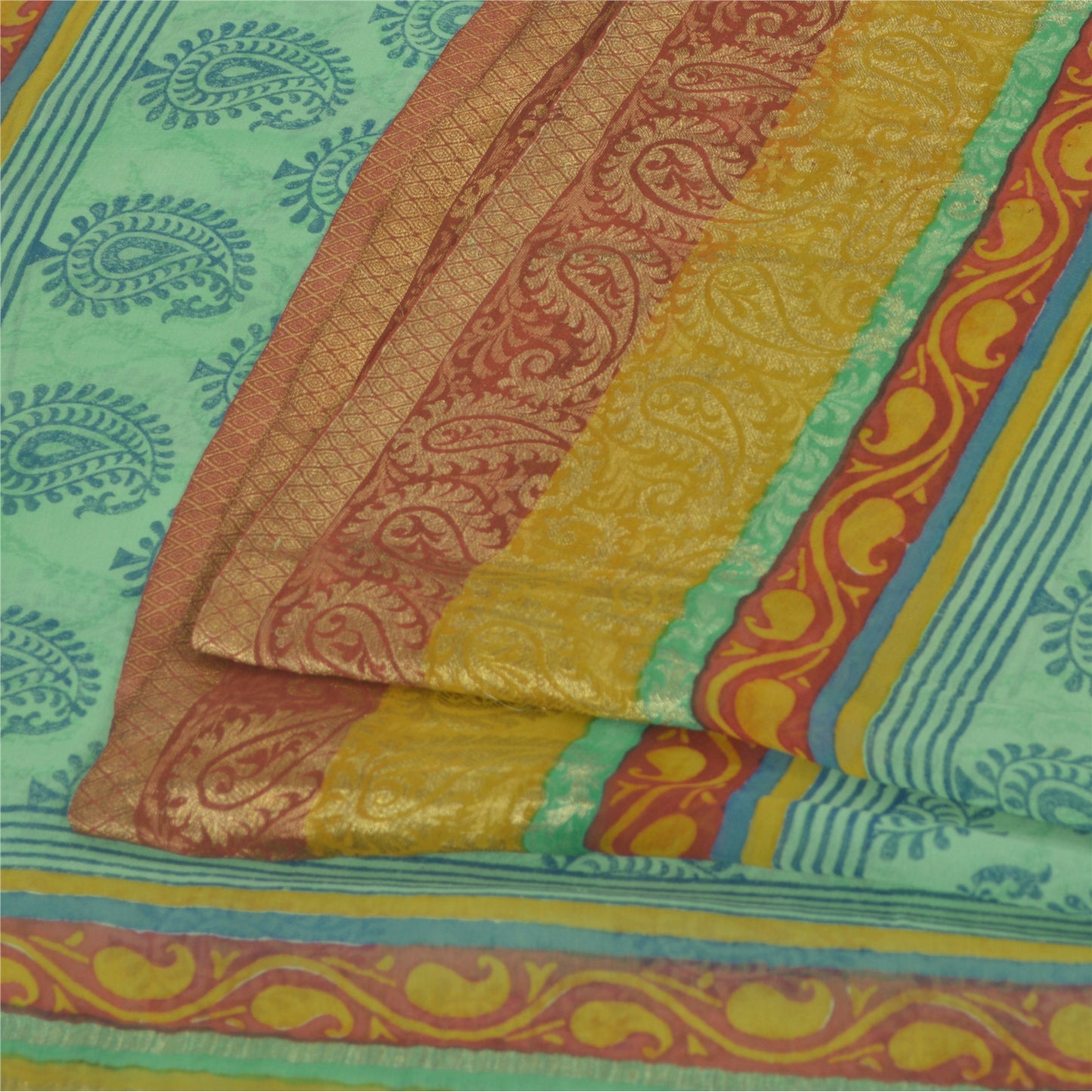 Sanskriti Vintage Sarees Green/Blue Blend Georgette BlockPrint Woven Sari Sustainable Fabric