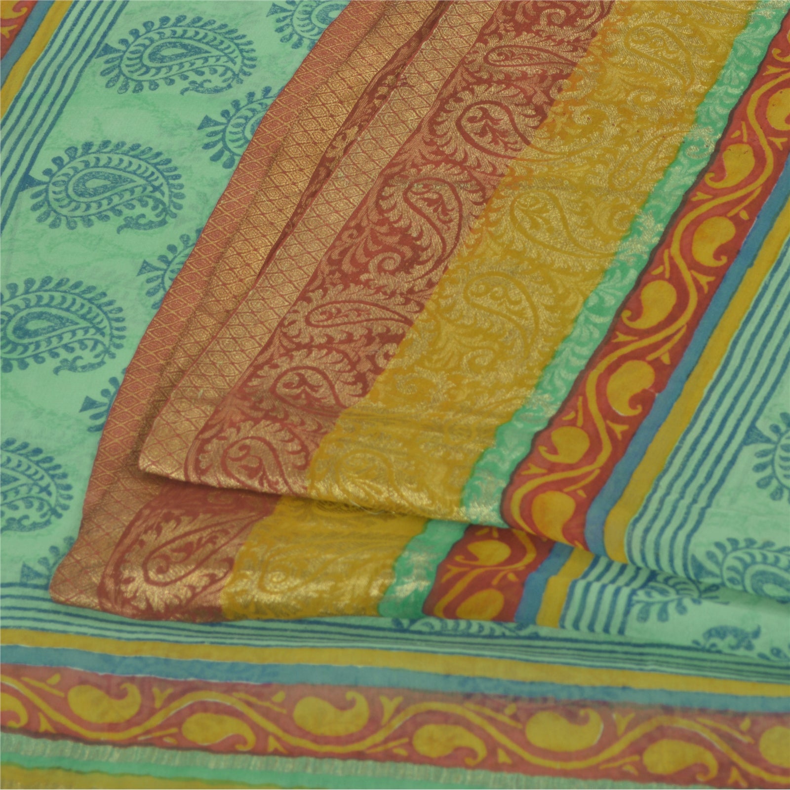 Sanskriti Vintage Sarees Green/Blue Blend Georgette BlockPrint Woven Sari Sustainable Fabric