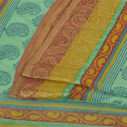Sanskriti Vintage Sarees Green/Blue Blend Georgette BlockPrint Woven Sari Sustainable Fabric