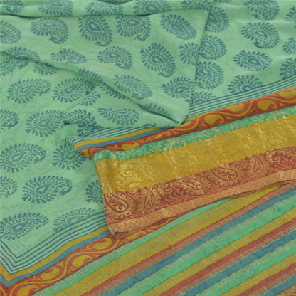 Sanskriti Vintage Sarees Green/Blue Blend Georgette BlockPrint Woven Sari Sustainable Fabric