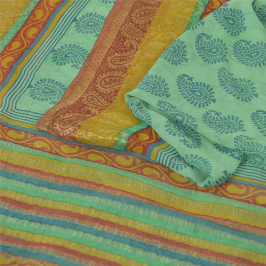 Sanskriti Vintage Sarees Green/Blue Blend Georgette BlockPrint Woven Sari Sustainable Fabric