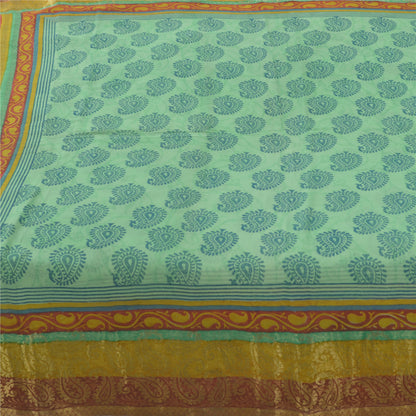 Sanskriti Vintage Sarees Green/Blue Blend Georgette BlockPrint Woven Sari Sustainable Fabric