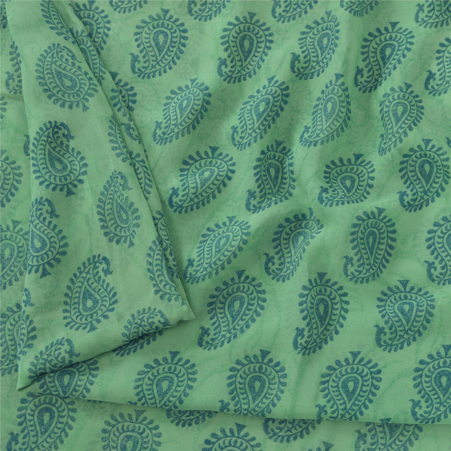 Sanskriti Vintage Sarees Green/Blue Blend Georgette BlockPrint Woven Sari Sustainable Fabric
