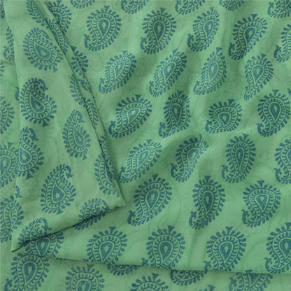 Sanskriti Vintage Sarees Green/Blue Blend Georgette BlockPrint Woven Sari Sustainable Fabric