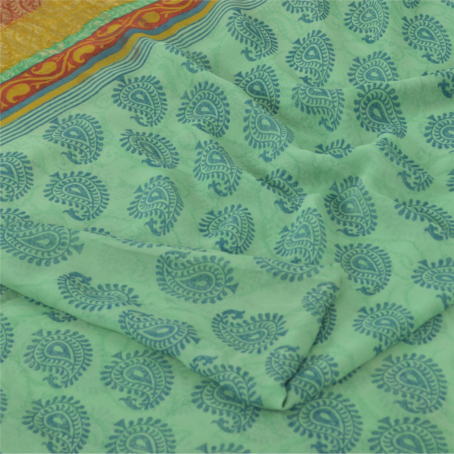 Sanskriti Vintage Sarees Green/Blue Blend Georgette BlockPrint Woven Sari Sustainable Fabric