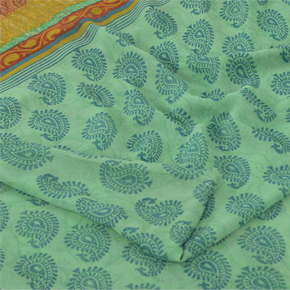 Sanskriti Vintage Sarees Green/Blue Blend Georgette BlockPrint Woven Sari Sustainable Fabric