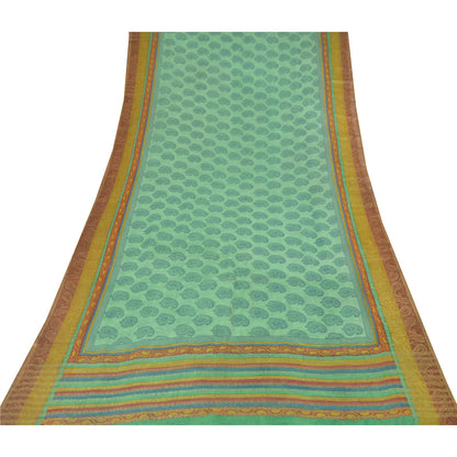 Sanskriti Vintage Sarees Green/Blue Blend Georgette BlockPrint Woven Sari Sustainable Fabric