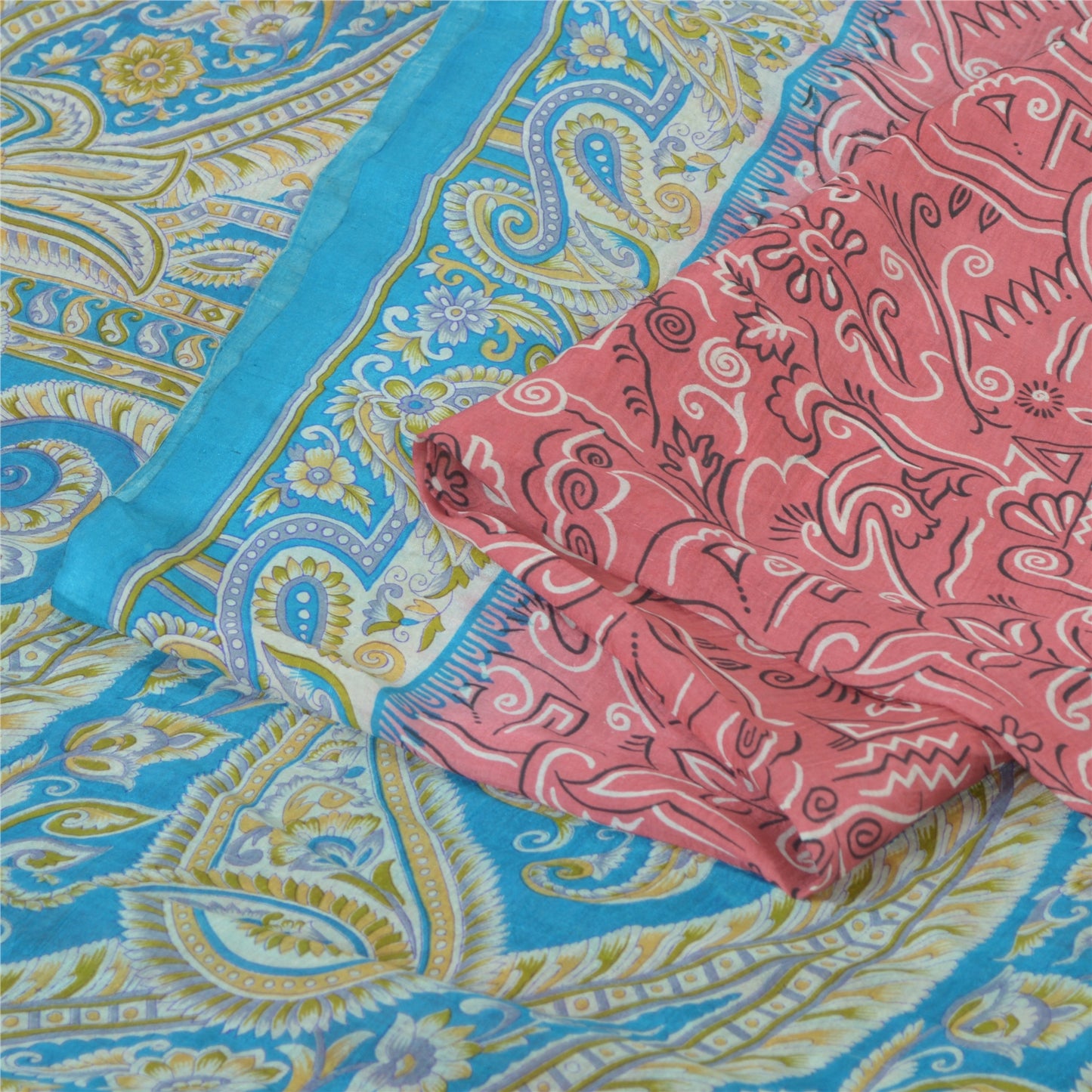 Sanskriti Vintage Sarees Pink/Blue 100% Pure Silk Printed Sari 5yd Craft Sustainable Fabric