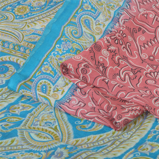 Sanskriti Vintage Sarees Pink/Blue 100% Pure Silk Printed Sari 5yd Craft Sustainable Fabric