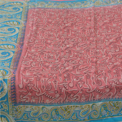 Sanskriti Vintage Sarees Pink/Blue 100% Pure Silk Printed Sari 5yd Craft Sustainable Fabric