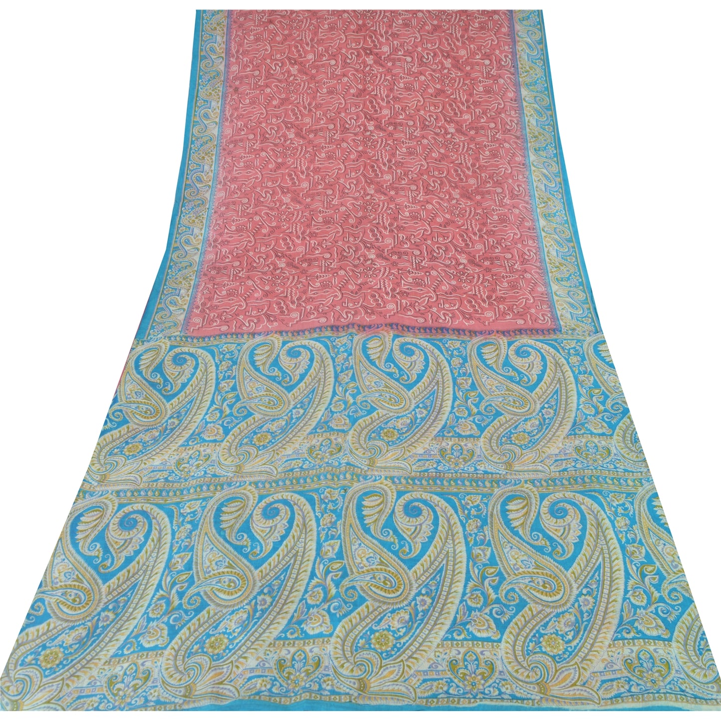Sanskriti Vintage Sarees Pink/Blue 100% Pure Silk Printed Sari 5yd Craft Sustainable Fabric