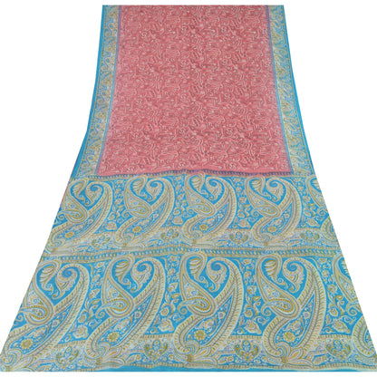 Sanskriti Vintage Sarees Pink/Blue 100% Pure Silk Printed Sari 5yd Craft Sustainable Fabric