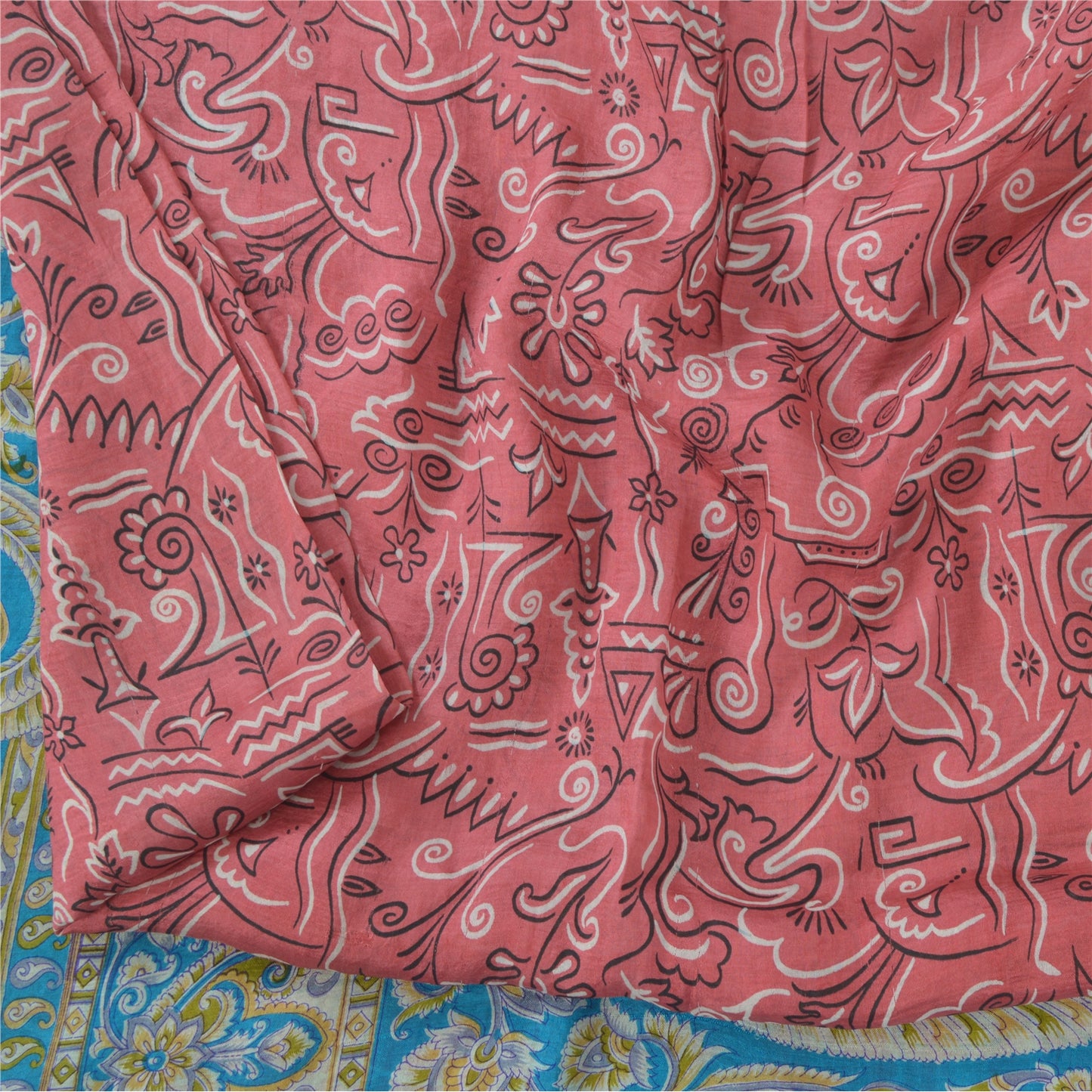 Sanskriti Vintage Sarees Pink/Blue 100% Pure Silk Printed Sari 5yd Craft Sustainable Fabric