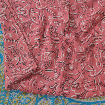 Sanskriti Vintage Sarees Pink/Blue 100% Pure Silk Printed Sari 5yd Craft Sustainable Fabric