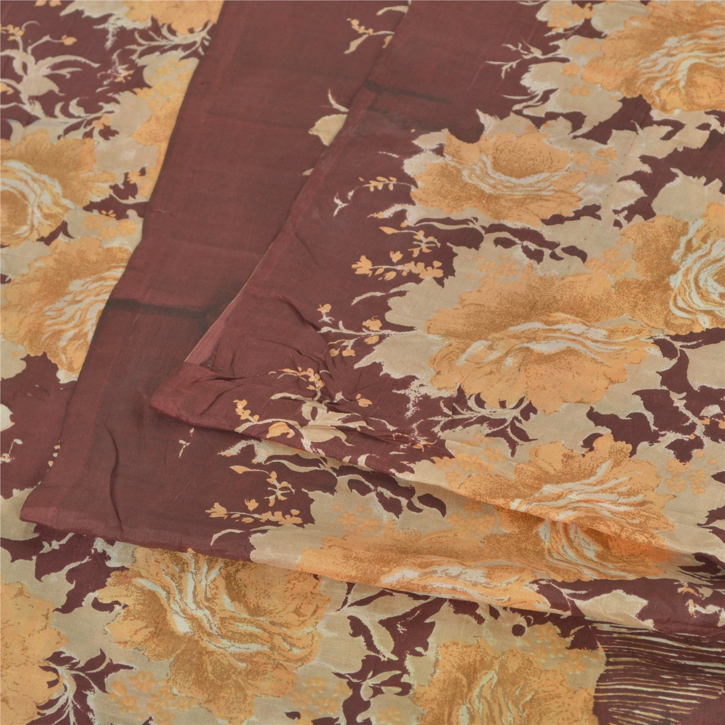 Sanskriti Vintage Sarees Brown Indian Pure Silk Printed Sari 5yd Craft Sustainable Fabric