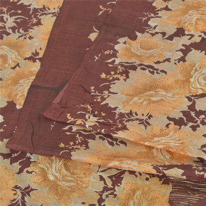 Sanskriti Vintage Sarees Brown Indian Pure Silk Printed Sari 5yd Craft Sustainable Fabric
