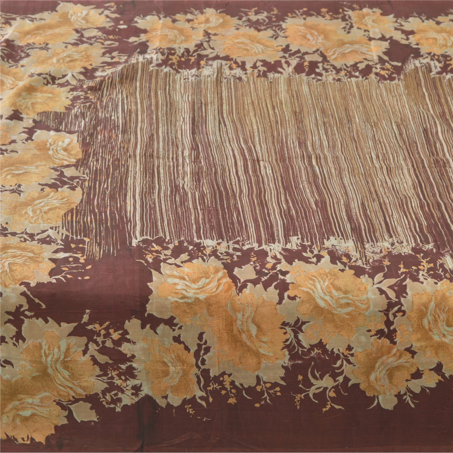 Sanskriti Vintage Sarees Brown Indian Pure Silk Printed Sari 5yd Craft Sustainable Fabric