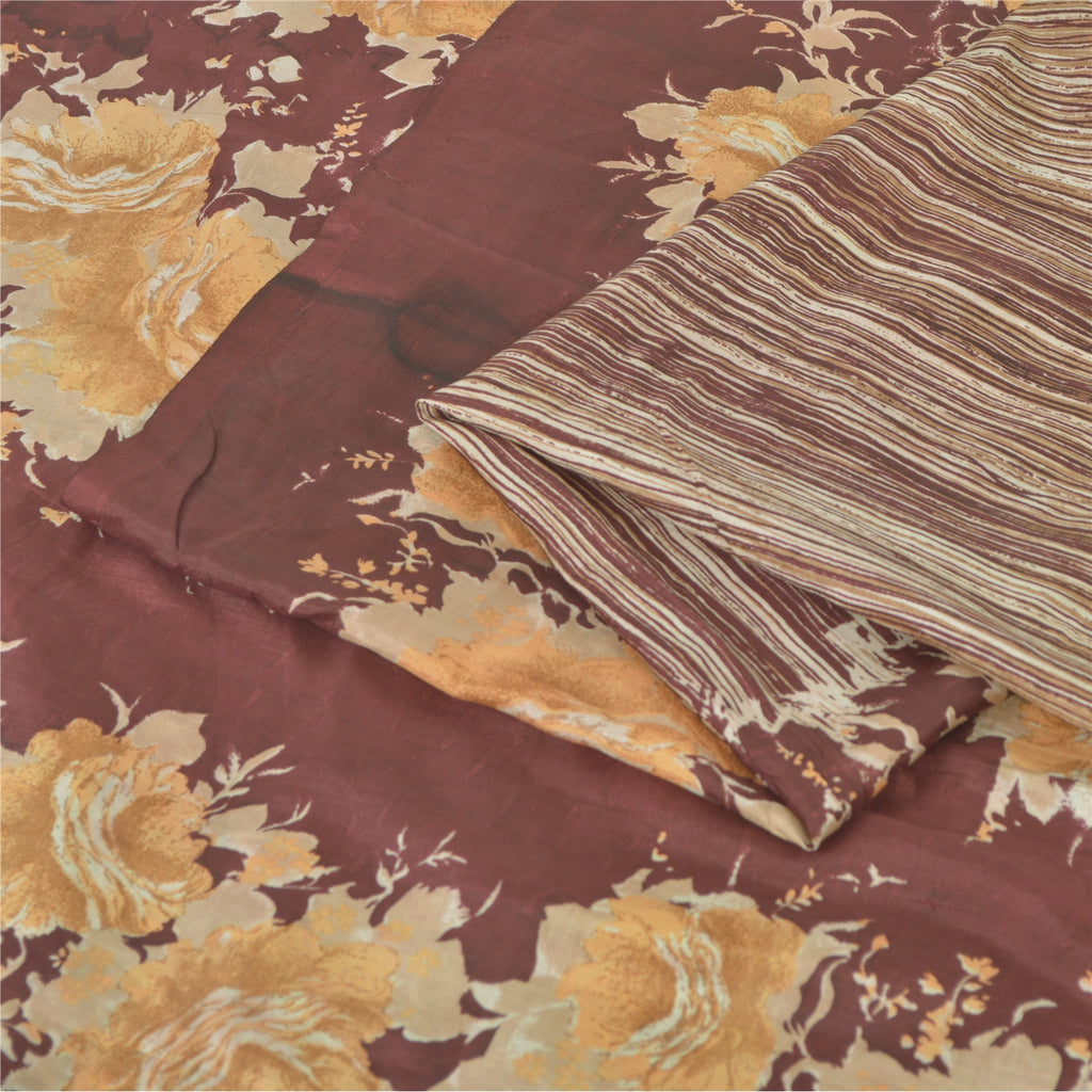 Sanskriti Vintage Sarees Brown Indian Pure Silk Printed Sari 5yd Craft Sustainable Fabric