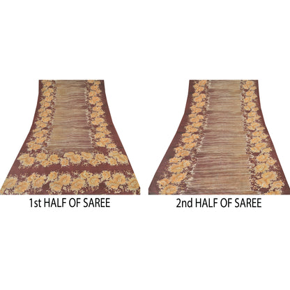 Sanskriti Vintage Sarees Brown Indian Pure Silk Printed Sari 5yd Craft Sustainable Fabric