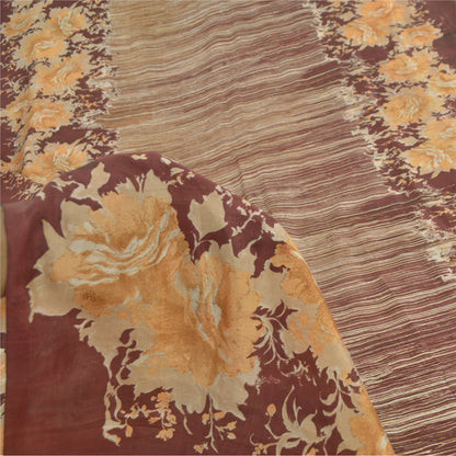 Sanskriti Vintage Sarees Brown Indian Pure Silk Printed Sari 5yd Craft Sustainable Fabric