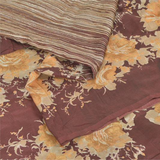 Sanskriti Vintage Sarees Brown Indian Pure Silk Printed Sari 5yd Craft Sustainable Fabric