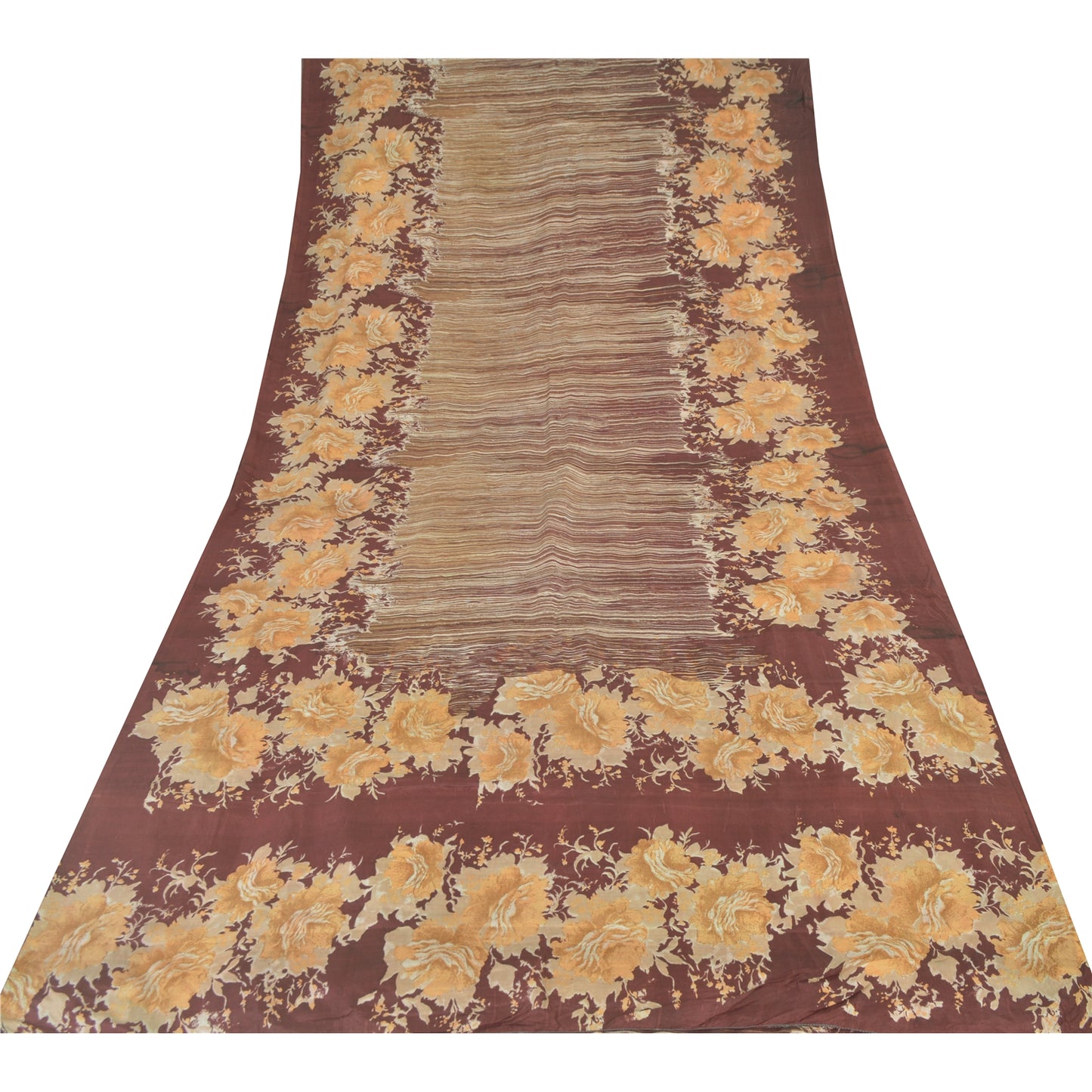 Sanskriti Vintage Sarees Brown Indian Pure Silk Printed Sari 5yd Craft Sustainable Fabric