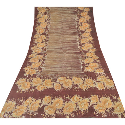 Sanskriti Vintage Sarees Brown Indian Pure Silk Printed Sari 5yd Craft Sustainable Fabric