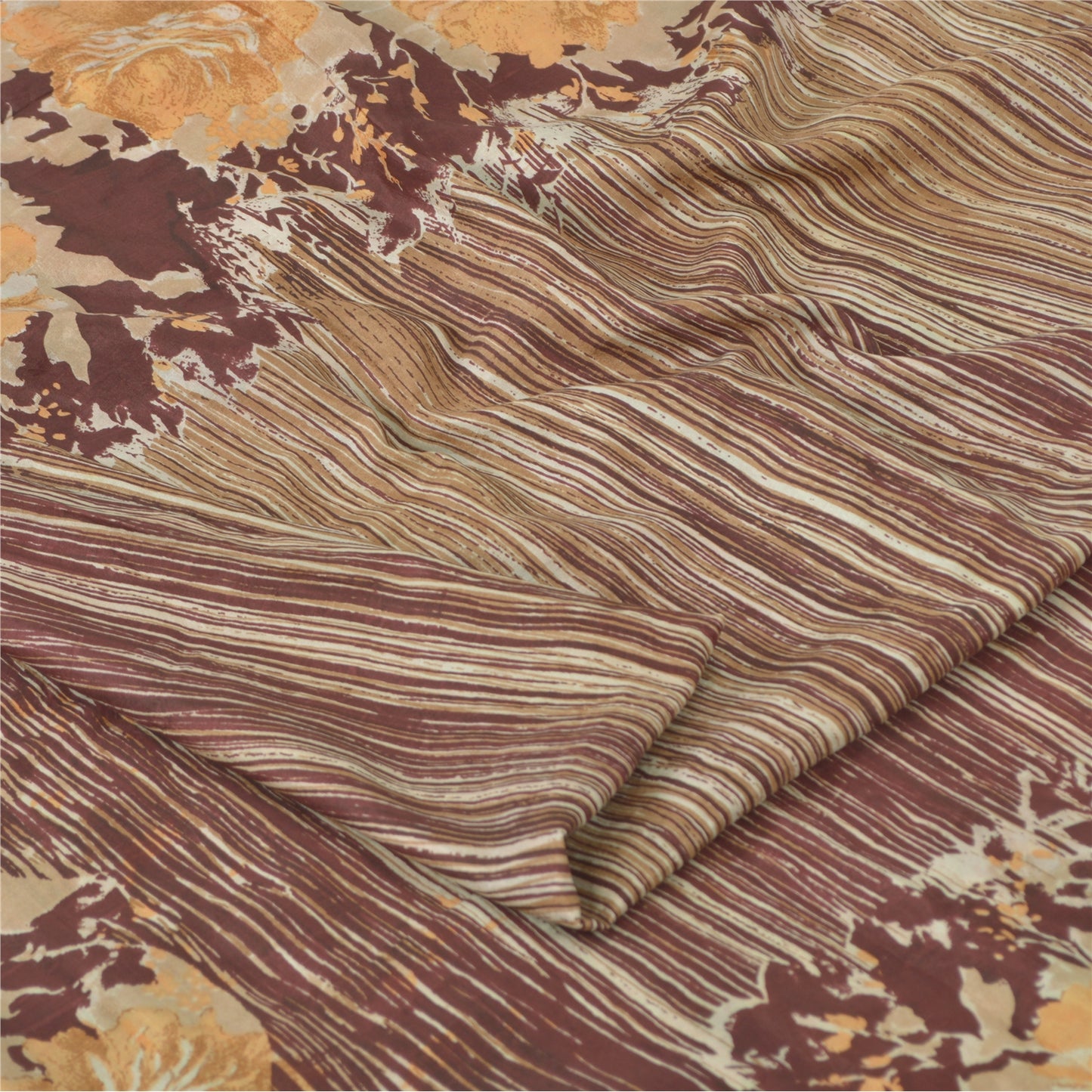 Sanskriti Vintage Sarees Brown Indian Pure Silk Printed Sari 5yd Craft Sustainable Fabric