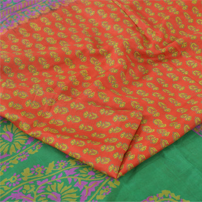Sanskriti Vintage Sarees Indian Orange Pure Silk Printed Sari 5yd Craft Sustainable Fabric