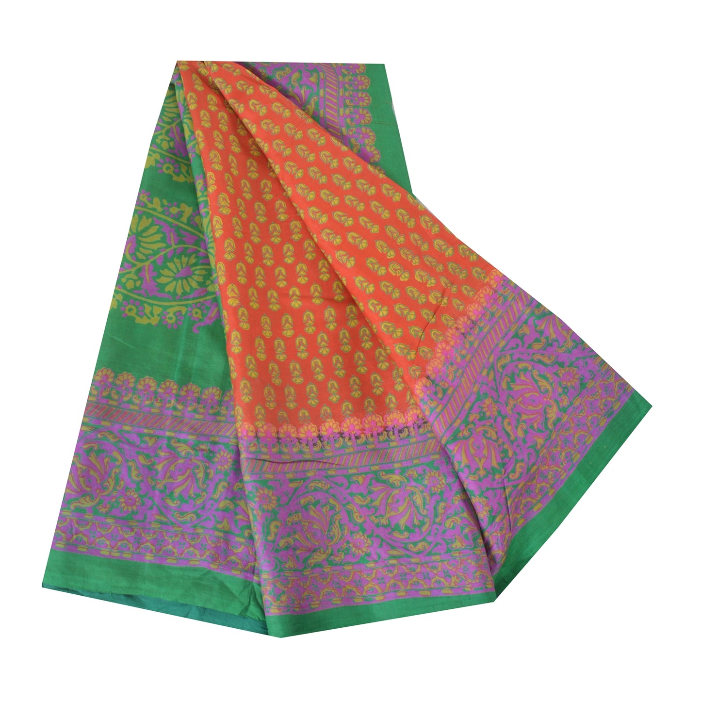 Sanskriti Vintage Sarees Indian Orange Pure Silk Printed Sari 5yd Craft Sustainable Fabric