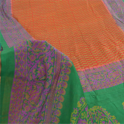 Sanskriti Vintage Sarees Indian Orange Pure Silk Printed Sari 5yd Craft Sustainable Fabric